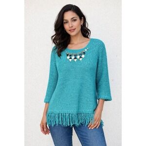 Ruby Rd Sweater Torquoise XL Jewel Neck Fringe Trim Women's Size  Boho Coastal